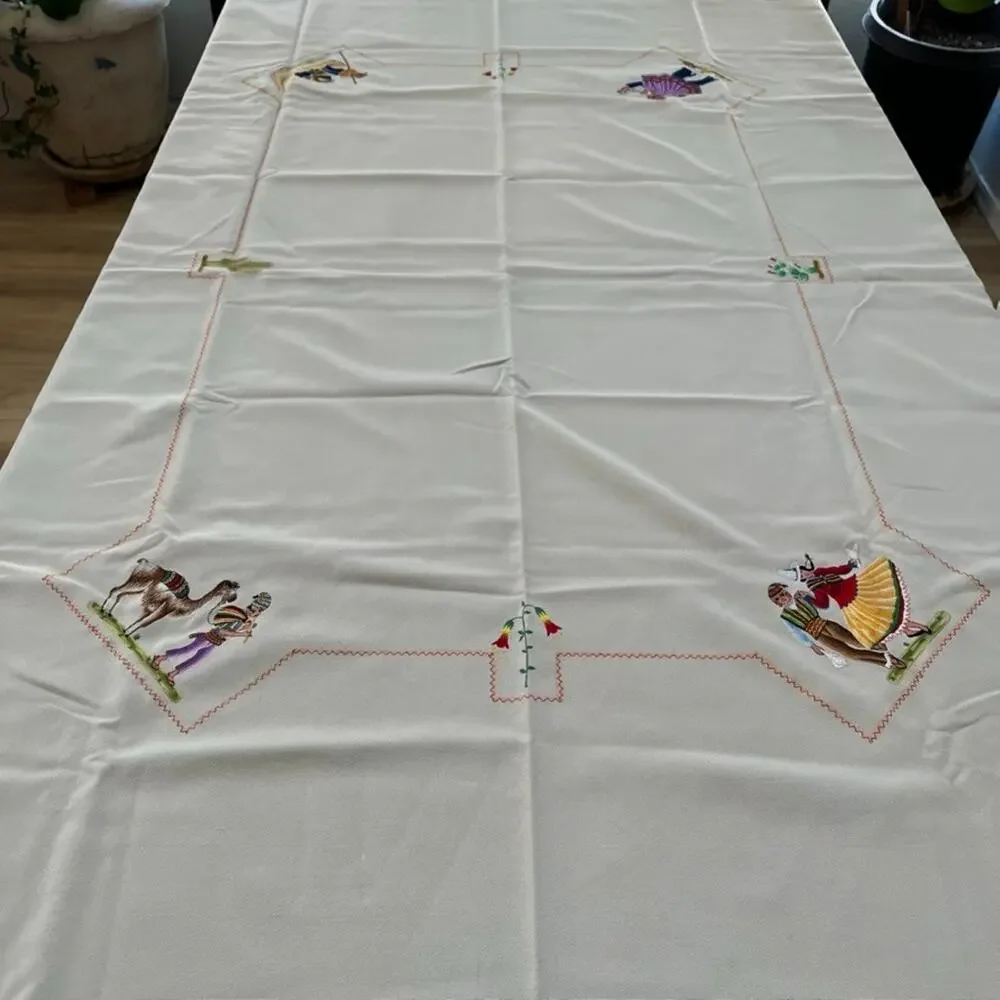 Vintage Hand-Embroidered Folk Figures & Motifs Taupe Cotton Tablecloth 52 x 70